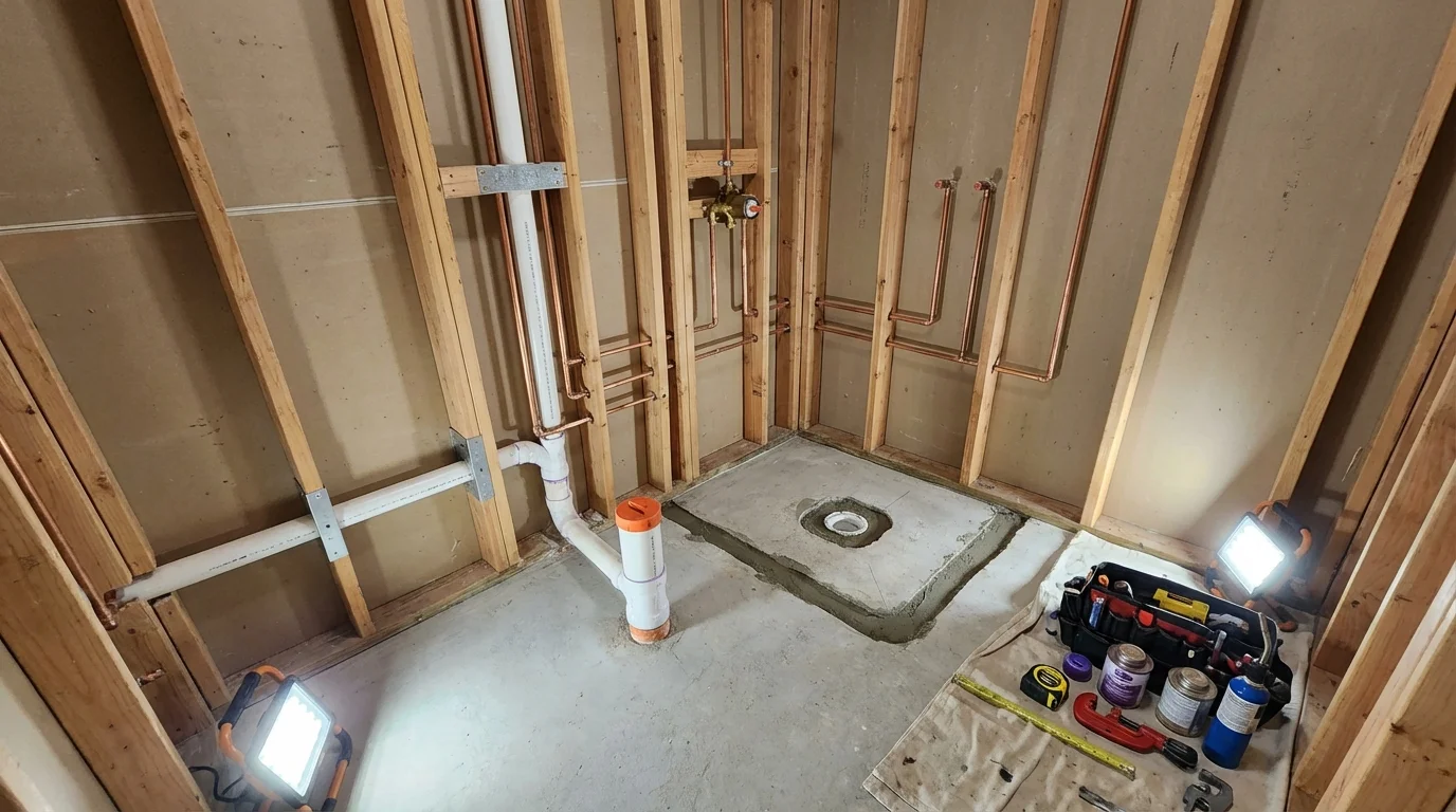 Bathroom rough-in plumbing during remodel by Johns Plumbing LLC in Estancia