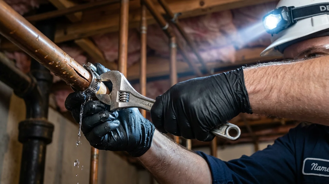 Emergency pipe clamp repair being performed by a Johns Plumbing LLC plumber in Estancia