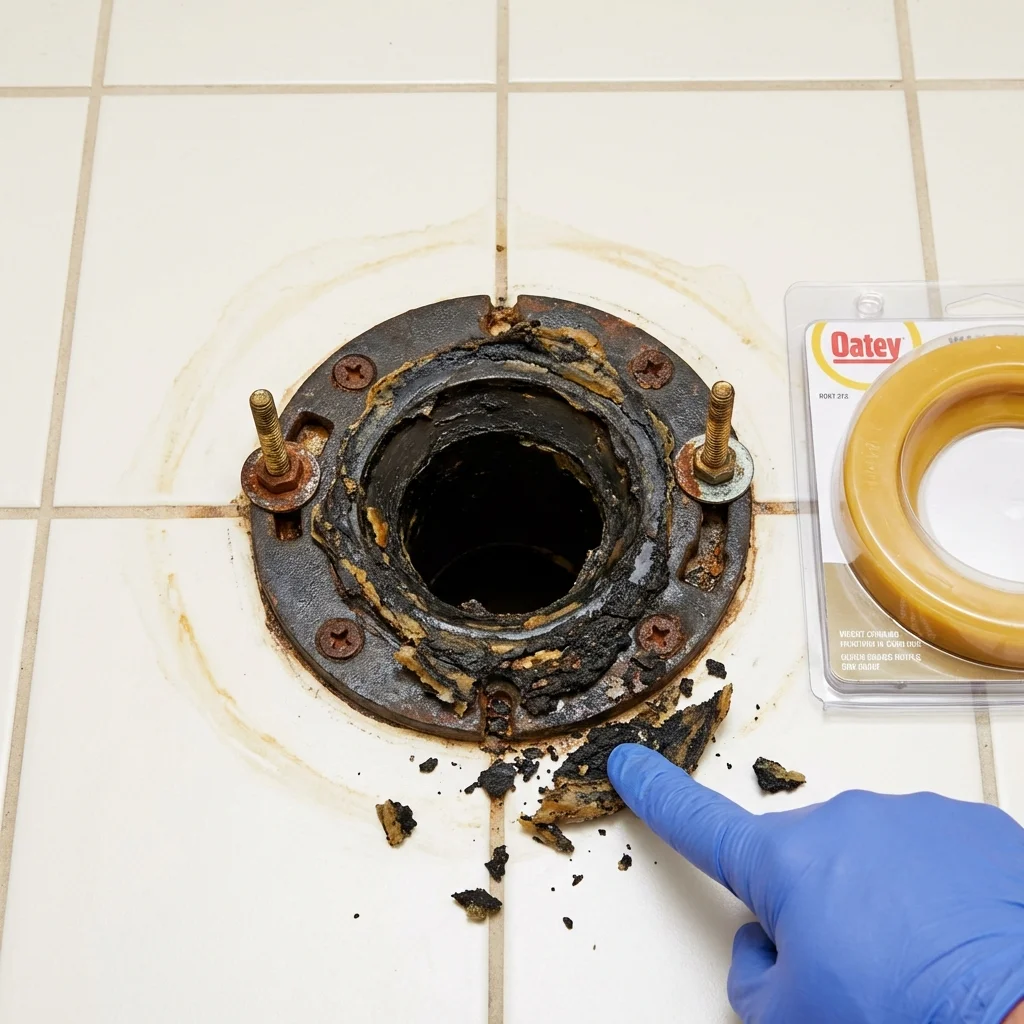 Failed wax ring showing water seepage at the base of a toilet in a Estancia, NM home