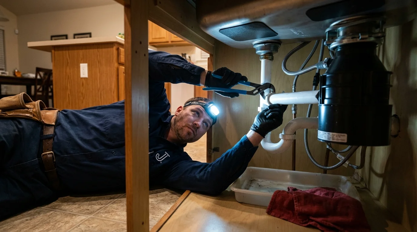 P-trap and supply line connections under a kitchen sink showing a common leak point in Estancia, NM